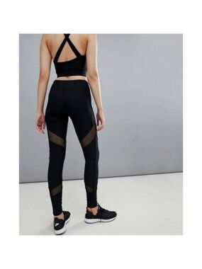 SOLID Black Full Length Leggings With Mesh Insert size 10-12 NWT